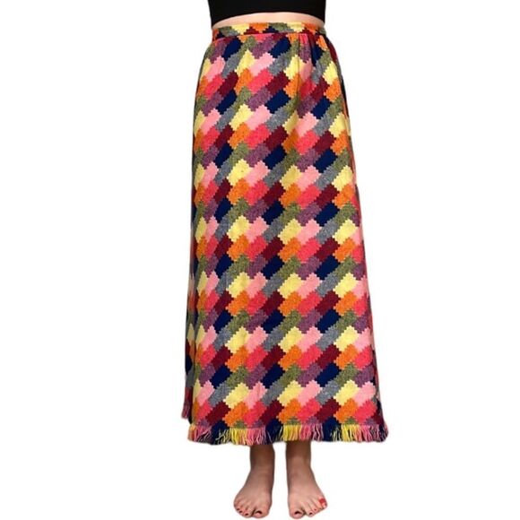 Vintage Dresses & Skirts - 60’s VTG Tarmi Women Maxi Skirt Patchwork Boho Hippie Chic Fringe Hem Blanket Sm